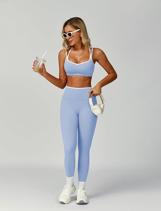 ABOCIW Two Piece Workout Sets for Women Color Block Strappy Sports Bra High Waist Leggings Yoga Pilates Outfits