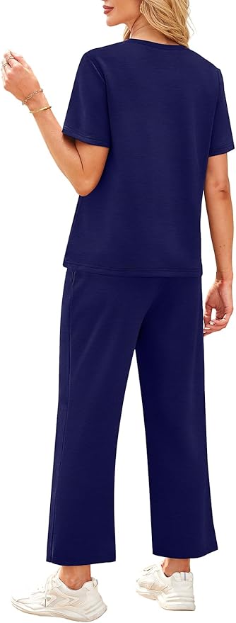 WIHOLL 2 Piece Sets for Women Casual Summer Travel Vacation Outfits Short Sleeve Wide Leg Crop Pants Lounge Sets