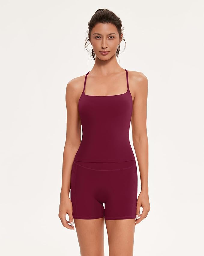 OMKAGI Workout Sets for Women Cute Spaghetti Strap Tank Tops Booty Shorts Outfits with Pockets