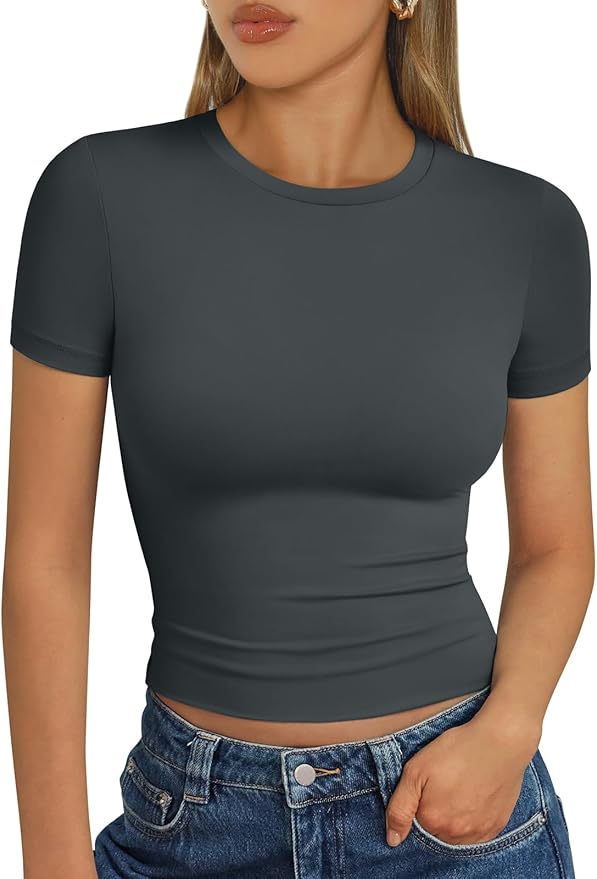 Trendy Queen Womens Short Sleeve T Shirts - Buttery Soft Summer Crop Tops Slim Fit Y2k Basic Tees for Workout