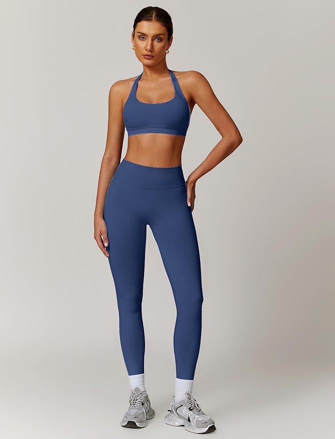 ABOCIW Workout Sets for Women Seamless Scunch Butt Lifting Impact Leggings Halter Sports Bra 2 Piece Gym Outfits