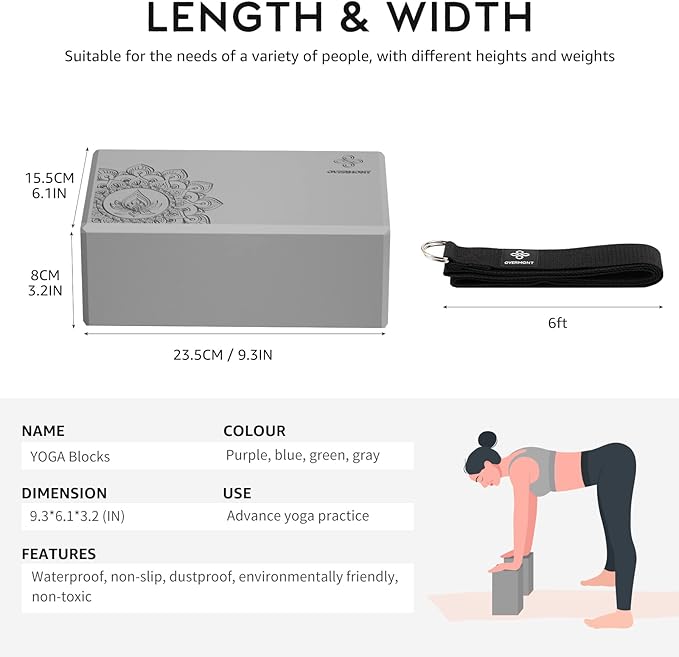 Overmont Yoga Block 2 Pack Supportive Latex-Free EVA Foam Soft Non-Slip Surface for General Fitness Pilates Stretching and Meditation 9"x6"x3" Yoga Strap Included