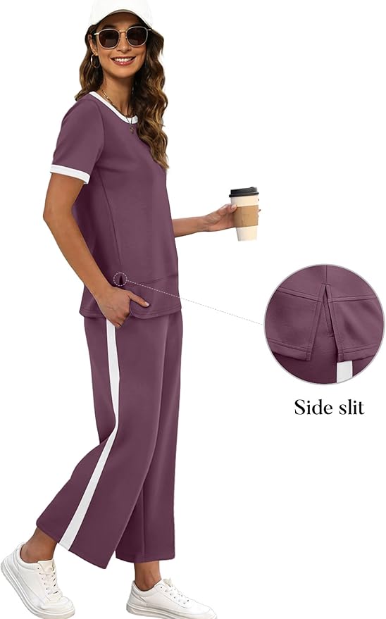 XIEERDUO Women's Side Slit Lounge Sets 2026 Fashion 2 Piece Travel Outfits Cozy Loungewear Wide Leg Tracksuits S-3XL