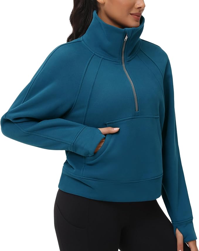 THE GYM PEOPLE Womens' Half Zip Pullover Fleece Stand Collar Crop Sweatshirt with Pockets Thumb Hole