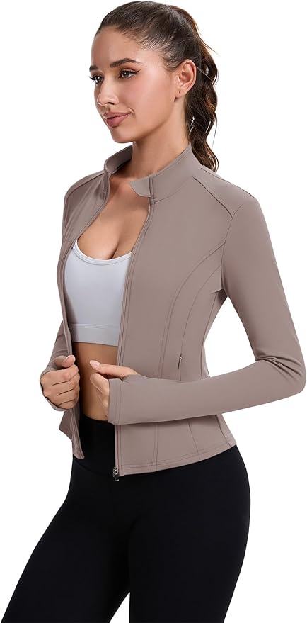 ZHENWEI Workout Jackets for Women Full Zip Up Cropped Athletic Long Sleeve Lightweight Slim Fit Running Tops with Pockets