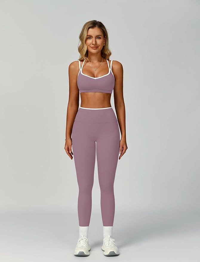 ABOCIW Two Piece Workout Sets for Women Color Block Strappy Sports Bra High Waist Leggings Yoga Pilates Outfits
