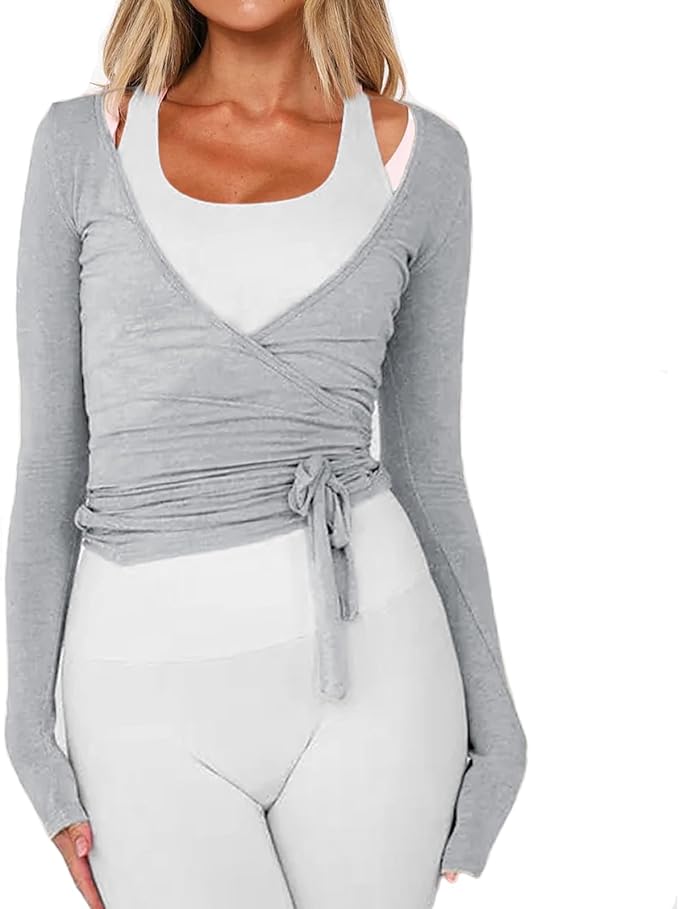 Women Ballet Wrap Top Long Sleeve Self Tie Dance Shirt Pilates Yoga Tops Y2k Workout Active Blouses