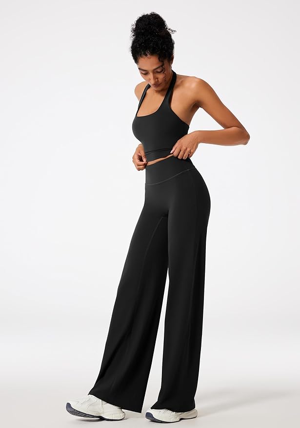 RXRXCOCO Halter Workout Sets for Women 2 Piece Padded Crop Tank Tops Straight Leg Yoga Pants Outfits with Hidden Pocket