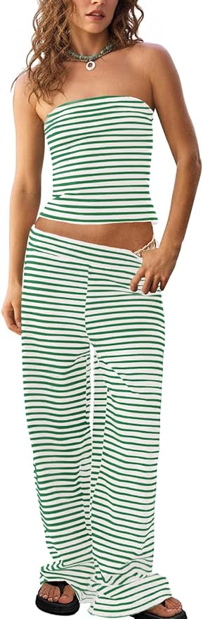 Tankaneo Womens Striped 2 Piece Sets Summer Strapless Crop Tube Tops Wide Leg Pants Matching Lounge Set Vacation Outfits