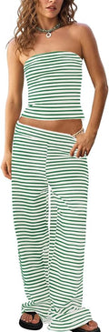 Tankaneo Womens Striped 2 Piece Sets Summer Strapless Crop Tube Tops Wide Leg Pants Matching Lounge Set Vacation Outfits