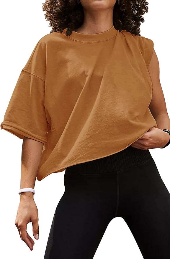 Women's Oversize Workout Crop Tops Casual Short Sleeve Drop Shoulder Boxy T-Shirts Roll Hem Basic Loose Yoga Running Tees