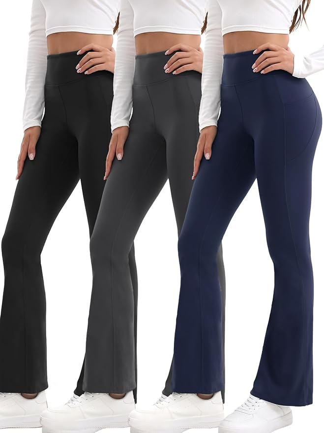 3 Packs Women's Flare Leggings with Pockets, Soft High Waisted Tummy Control Bootcut Workout Yoga Pants