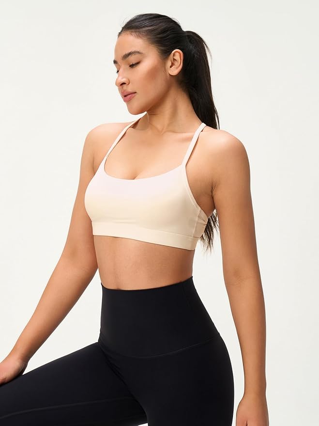 Womens Y Back Padded Sports Bra Strappy U Neck Butter Soft Low Impact Workout Bras Yoga Pilates Walking