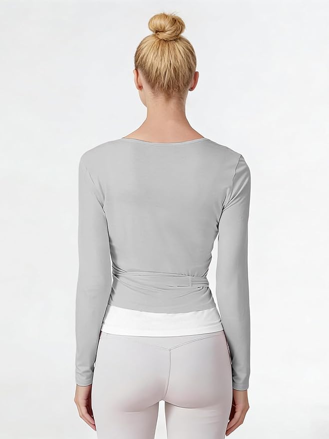 Women Pilates Wrap Top Ballet Tie Workout Shirt Long Sleeve Cross Sexy Deep V Neck Yoga Coquette Blouses Y2k Active Gym