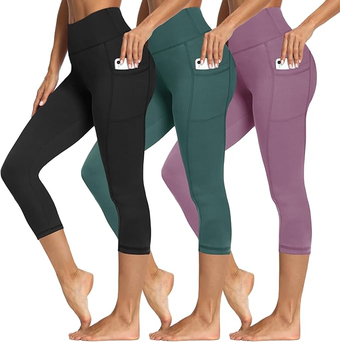 3 Packs Leggings with Pockets for Women, Soft High Waisted Tummy Control Workout Yoga Pants