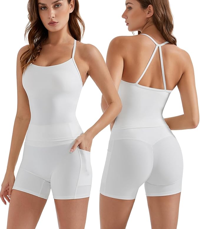 OMKAGI 2 Piece Workout Sets for Women Padded Sports Bra Tank Booty Gym Shorts with Pockets