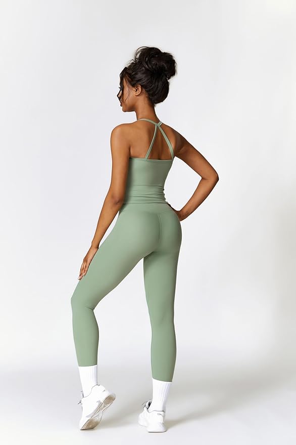 QBGJTD Womens Workout Sets Two Piece Cross Back Tank Top Matching High Waist Leggings Sets Gym Outfits Work Out Clothes