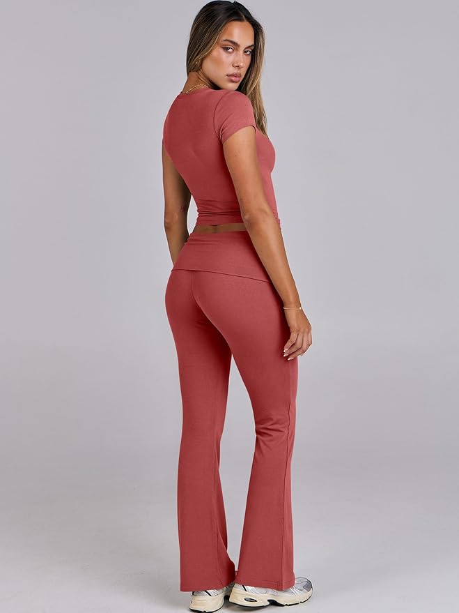 ANRABESS Lounge Sets for Women 2 Piece Foldover Yoga Flare Leggings Pants Crop Tops Casual Y2K Outfits Matching Tracksuit Set