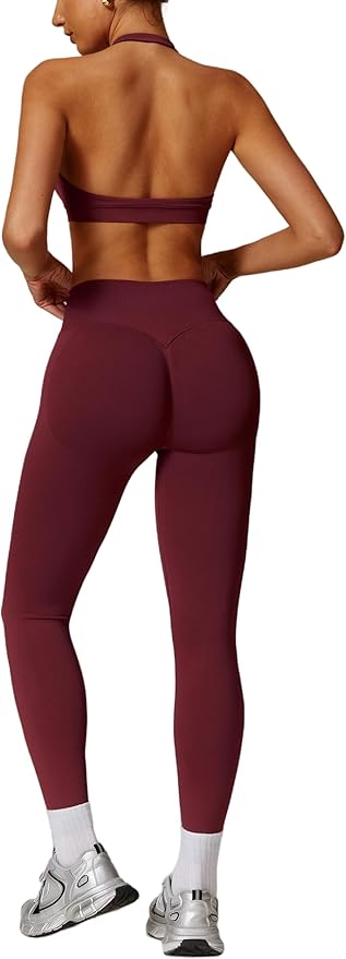 ABOCIW Workout Sets for Women Seamless Scunch Butt Lifting Impact Leggings Halter Sports Bra 2 Piece Gym Outfits