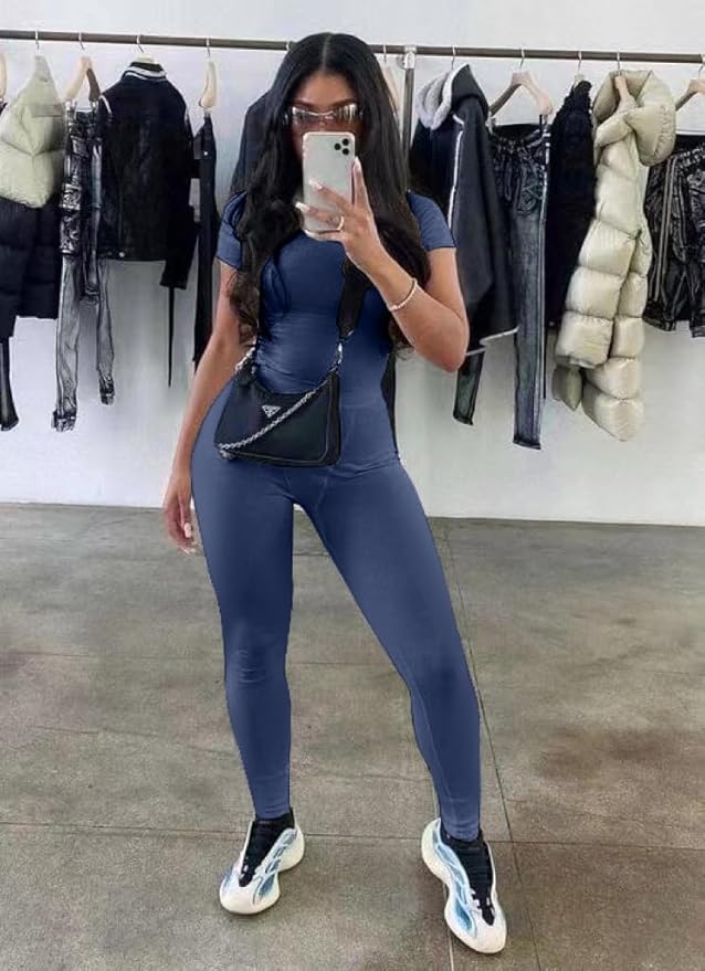AYWA Two Piece Outfits for Women Fitted Crew Neck T-shirt High Waist Leggings Biker Shorts Matching Sets Streetwear
