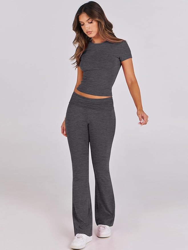 ANRABESS Lounge Sets for Women 2 Piece Foldover Yoga Flare Leggings Pants Crop Tops Casual Y2K Outfits Matching Tracksuit Set