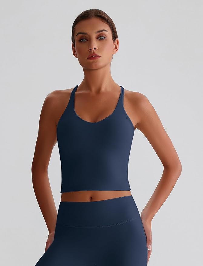 ABOCIW Womens Cross Back Workout Crop Tank with Built in Bra V Neck Longline Sports Bra Gym Shirt Yoga Pilates Top