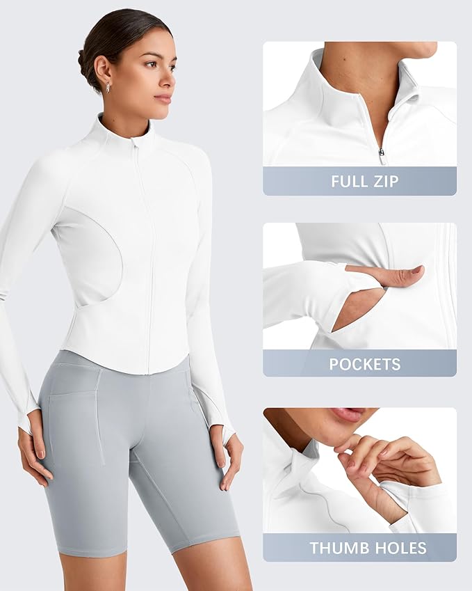 G4Free Workout Jackets for Woman BareFeel Cropped Zip Up Athletic Running Jacket Slim Fit Yoga Tops with Thumb Holes