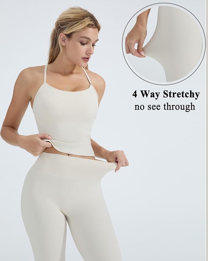 OMKAGI 2 Piece Workout Sets for Women Padded Tank Tops Flare Leggings Pilates Outfits