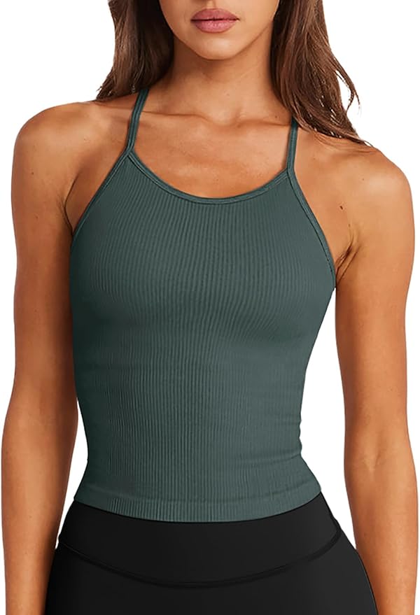 LASLULU Womens Sports Bra Seamless Long Crop Tank Racer Back Spaghetti Strap Workout Yoga Bra Padded Halter Neck Casual Tops