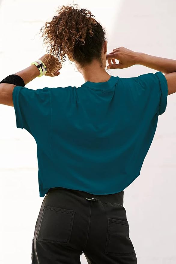 Women's Oversize Workout Crop Tops Casual Short Sleeve Drop Shoulder Boxy T-Shirts Roll Hem Basic Loose Yoga Running Tees