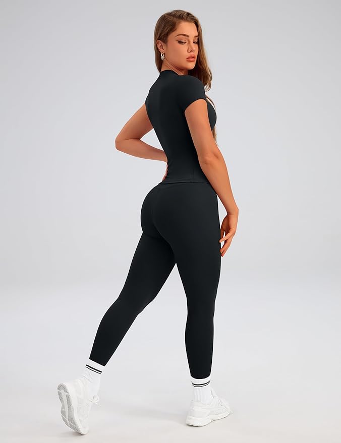 Relety Womens Two Piece Workout Sets Slim Fit Short Sleeve Shirt High Waist Leggings Yoga Outfits Matching Gym Set