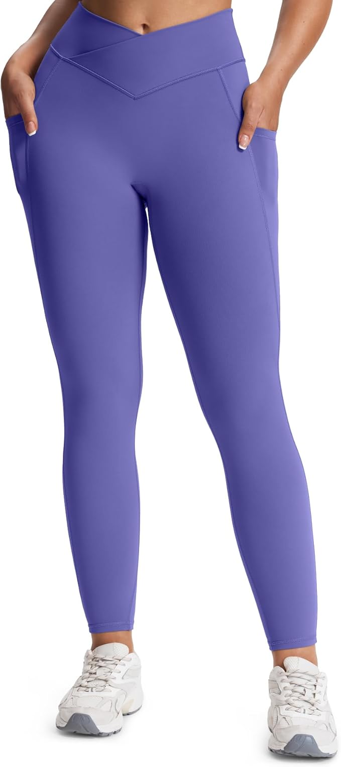 Aoxjox Women's Trinity High Waisted Yoga Pants with Pockets Cross-Waist Tummy Control Buttery Soft Workout Leggings 26"