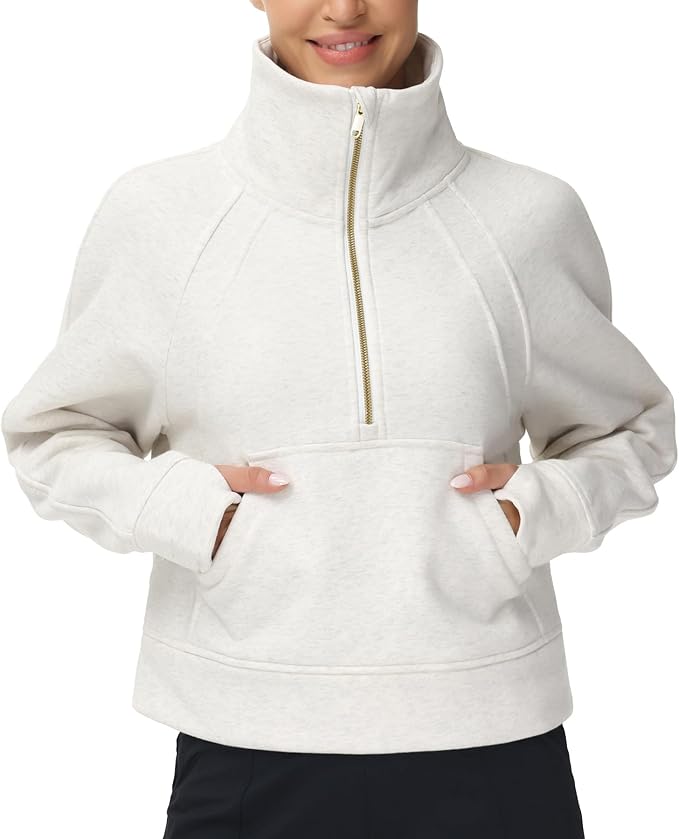 THE GYM PEOPLE Womens' Half Zip Pullover Fleece Stand Collar Crop Sweatshirt with Pockets Thumb Hole