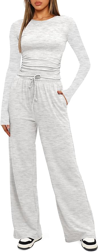 Darong Women's 2 Piece Outfits Lounge Sets 2026 Long Sleeve Tops Wide Leg Pants Casual Matching Set