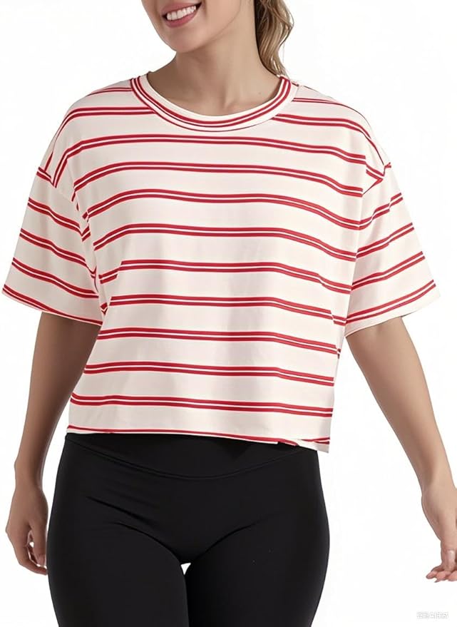 Women's Oversize Workout Crop Tops Casual Short Sleeve Drop Shoulder Boxy T-Shirts Roll Hem Basic Loose Yoga Running Tees