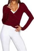 Women Wrap Top Thumb Hole Long Sleeve Self Tie Workout Shirt Pilates Ballet Yoga Tops