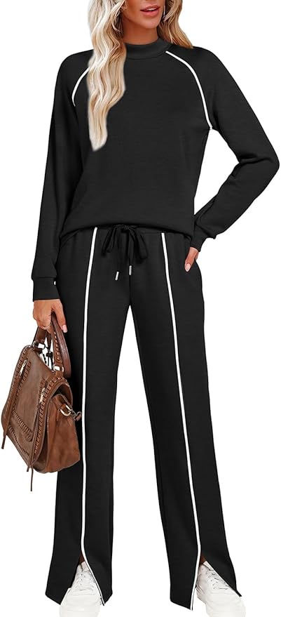 WIHOLL Lounge Sets for Women 2 Piece Fall Outfits 2025 Wide Leg Pant Matching Sets Womens Clothing