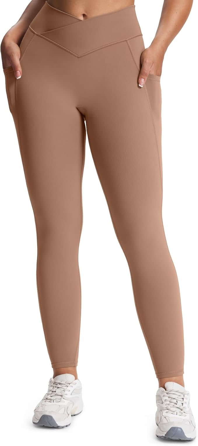Aoxjox Women's Trinity High Waisted Yoga Pants with Pockets Cross-Waist Tummy Control Buttery Soft Workout Leggings 26"