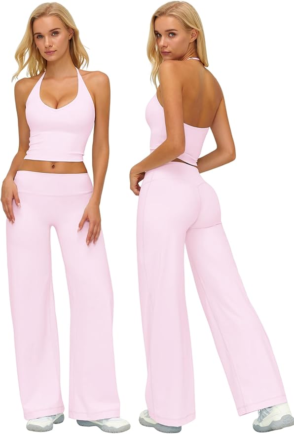 QBGJTD Womens Workout Sets Two Piece Spaghetti Straps Crop Top Matching Straight Leg Pants Gym Work Pilates Outfits