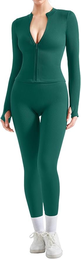 SUUKSESS Women 2 Piece Seamless Ribbed Workout Sets With Zip Up Jacket High Waisted Gym Yoga Leggings