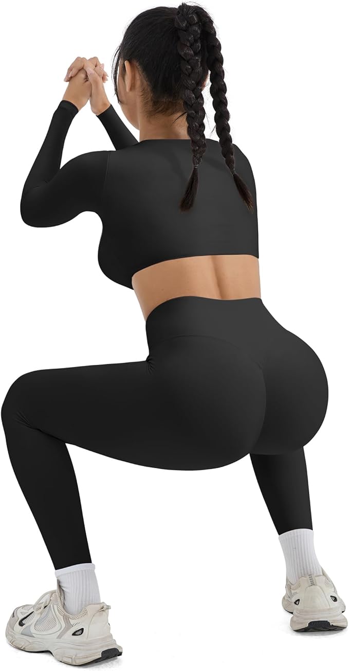 SUUKSESS Women 2 Piece Workout Sets Compression Tummy Control Leggings with Pockets Long Sleeve Square Neck Padded Crop Tops