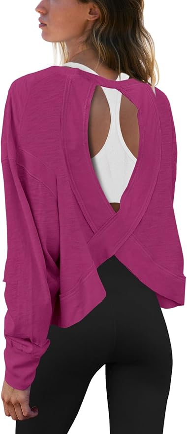 Panadila Womens Open Back Workout Top Long Sleeve Athletic Shirts Casual Crop Running Tee Y2k Yoga