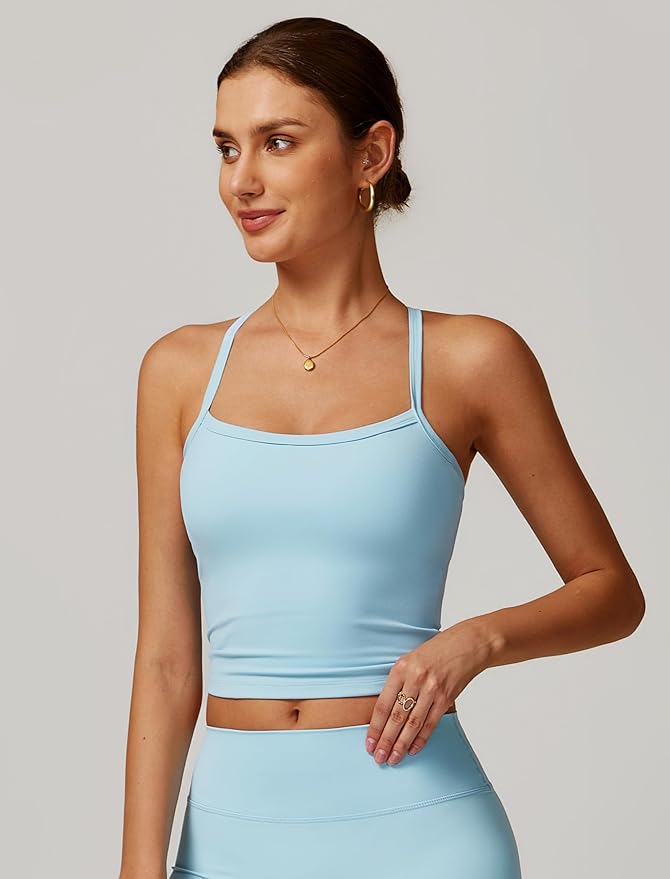 QBGJTD Womens Longline Sports Bras Cross Back Active Gym Yoga Padded Workout Crop Tank Top with Built in Bra
