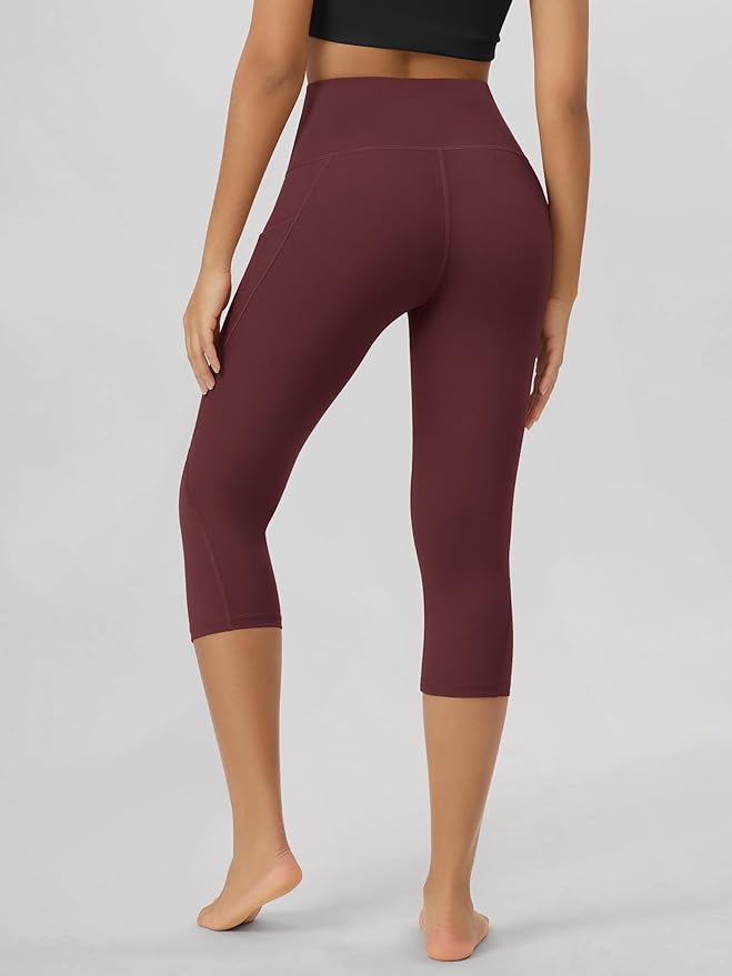 ODODOS Women's High Waisted Yoga Capris with Pockets, Tummy Control Non See Through Workout Athletic Running Capri Leggings