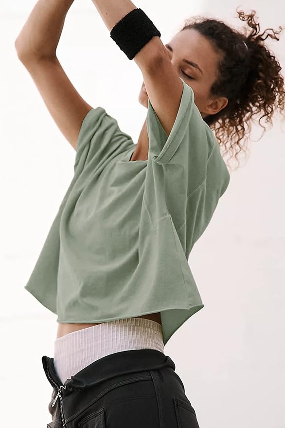Women's Oversize Workout Crop Tops Casual Short Sleeve Drop Shoulder Boxy T-Shirts Roll Hem Basic Loose Yoga Running Tees