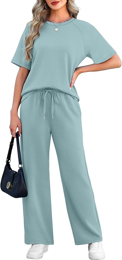 WIHOLL 2 Piece Sets for Women Resort Wear Travel Vacation Outfits Summer Short Sleeve Lounge Sets