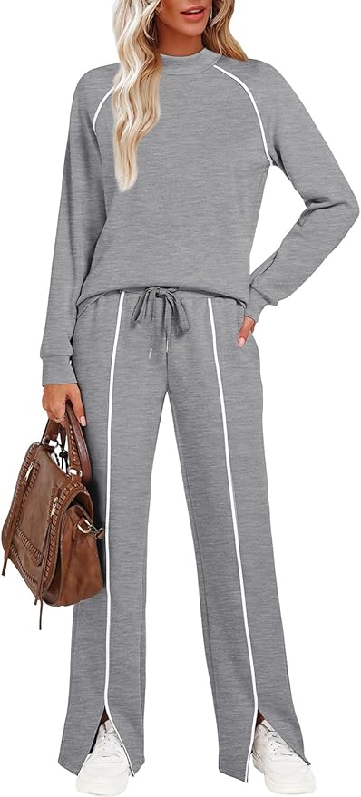 WIHOLL Lounge Sets for Women 2 Piece Fall Outfits 2025 Wide Leg Pant Matching Sets Womens Clothing