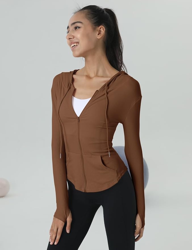 Locachy Womens Slim Fit Full Zip Hoodie Athletic Jacket Yoga Workout Running Jackets with Thumb Holes