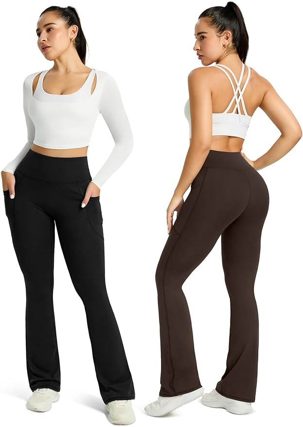 Womens Flared Yoga Pants with Pockets, High Waisted Flare Leggings Bell Bottom Bootcut Yoga Dress Pants