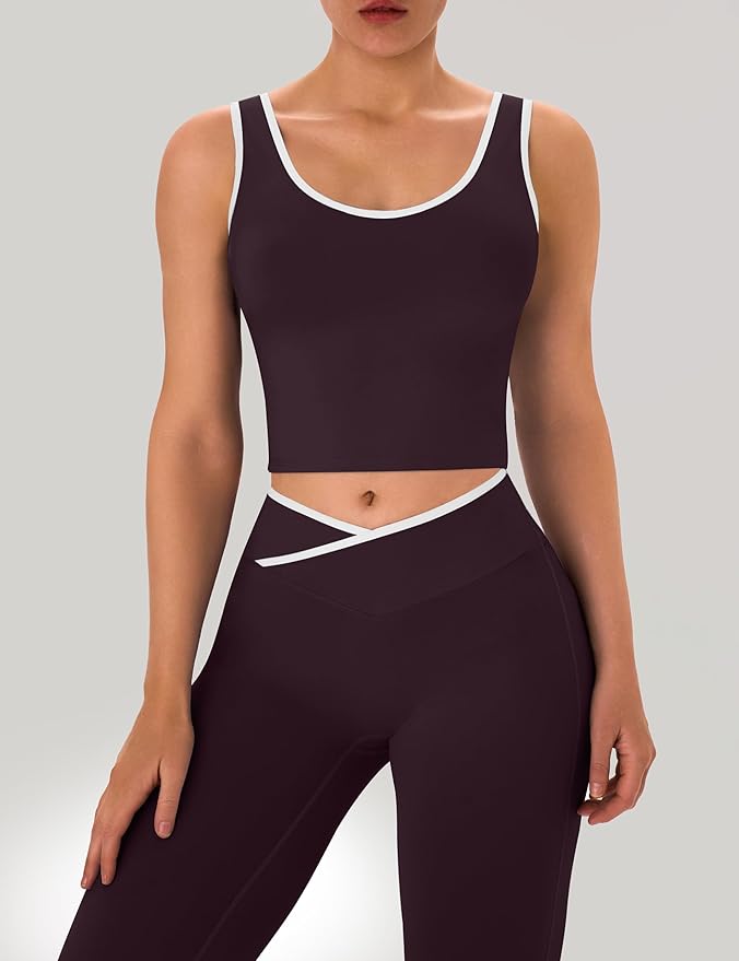 OLCHEE Womens Workout Sets 2 Piece Gym Yoga Outfits Crossover Flare Leggings Crop Tank Top with Contrast Trim